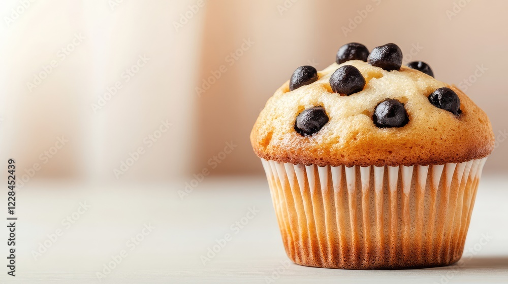 Poster a single muffin with frosting, set against a blurred beige background with ample copy space.