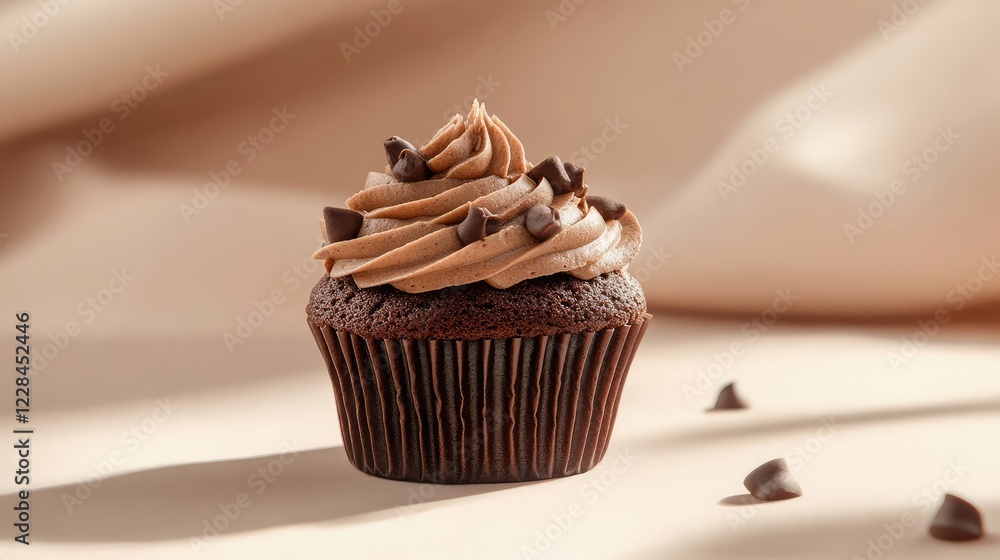Poster a single muffin with frosting, set against a blurred beige background with ample copy space.