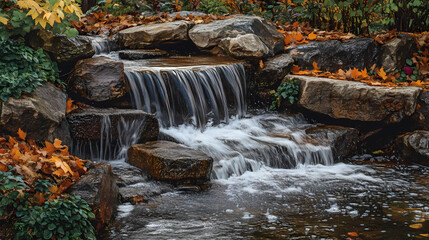 A peaceful waterfall tumbles over rugged stones, embraced by vibrant foliage, creating a serene haven in a beautiful natural landscape filled with tranquility. Waterfall Haven. Illustration