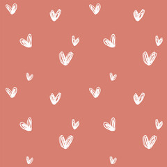 White love heart on pink peachy background. Hand drawn abstract seamless trendy pattern. Sketch love wallpaper