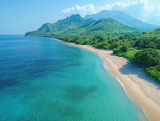 Aerial view of a tropical beach with turquoise water and green mountains on the horizon