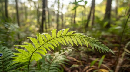 Vibrant green fern frond in a sun-dappled forest. Nature's beauty.