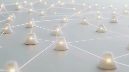 Illuminated network nodes connect, glowing, on a white surface; data flow background
