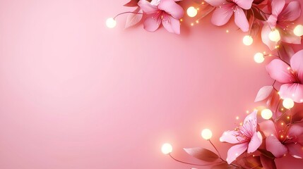 Delicate wreath of evergreen and pastel pink flowers forming a border, accented with glowing fairy lights, fantasy watercolor style