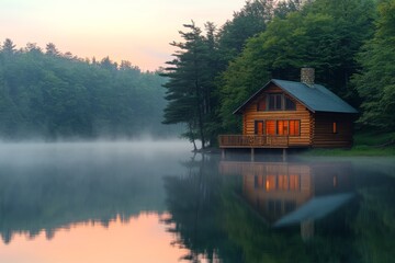 Obraz premium Cozy lakeside cabin surrounded by pine trees at sunrise