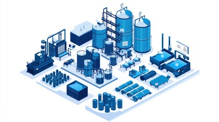 Isometric factory industrial water treatment plant,  background cityscape, for environmental reports