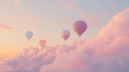 Fototapeta premium Pastel hot air balloons soar above pink clouds at sunset; travel, dreamscape