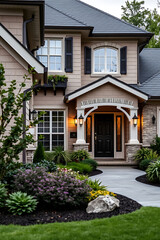 Luxury Home Exterior at Dusk: Elegant Architecture and Landscaping