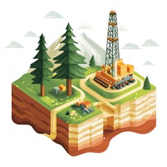 Mountain drilling rig isometric illustration