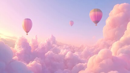 Fototapeta premium Pink sunrise, hot air balloons soar above fluffy cloudscape