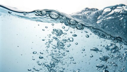 Close-up view of a water wave breaking and releasing air bubbles into the air, liquid dynamics, waves breaking