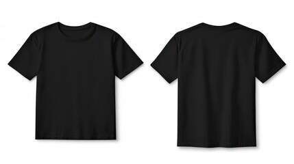 Black t-shirt mockup, front and back views, isolated on white background, design template
