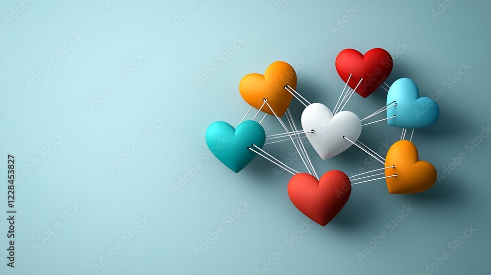 Poster colorful hearts connected by strings on a soft blue background, symbolizing love and connection. div