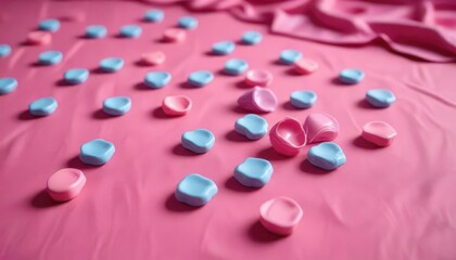 Colorful laundry detergent pods scattered across a bright pink tablecloth in a random pattern , messy space, colorful clusters