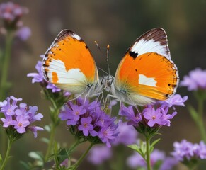 Colorful orange tip Anthocharis cardamines butterfly sipping nectar from purple wild flower , nectar, butterfly, flowers