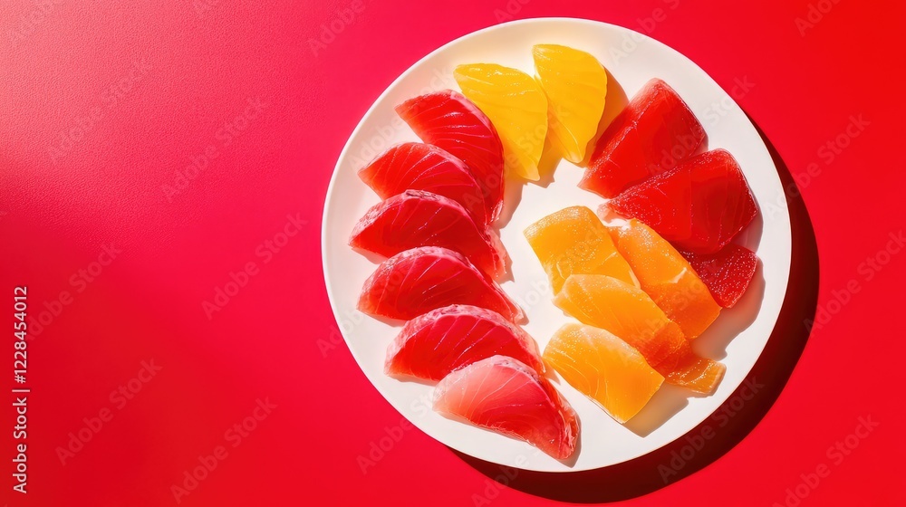 Poster a top-down view of colorful sashimi slices arranged on a white plate with soft light and space for t