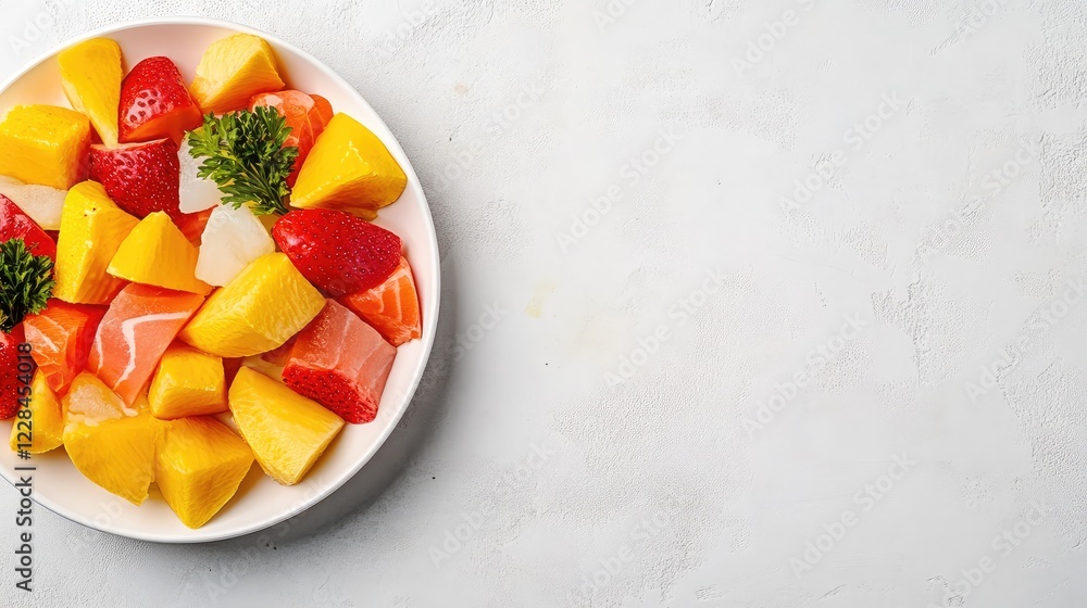 Poster a top-down view of colorful sashimi slices arranged on a white plate with soft light and space for t