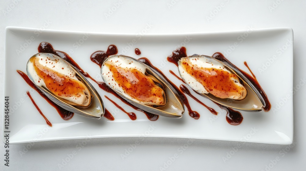 Poster a top-down view of mussels with a light drizzle of sauce, placed on a neutral table with space.