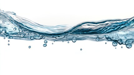 Pure water wave, bubbles, splash, white background, purity