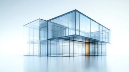 Glass building architectural model, studio, modern design, reflection