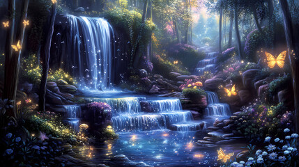 In the quiet hours of evening, window falls becomes a haven for celestial beings, who gather to drink from its starlight-infused waters. Waterfall Haven. Illustration
