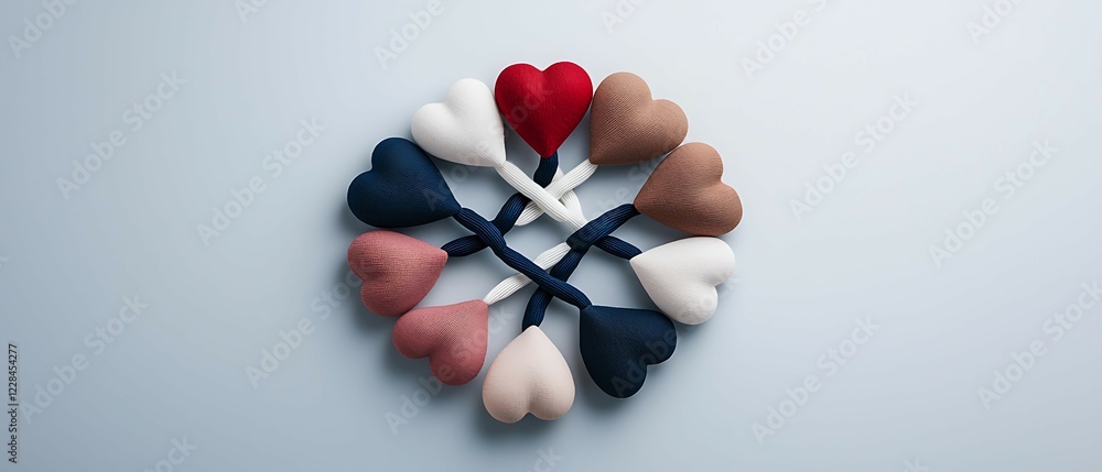 Poster colorful heart-shaped objects arranged in a circular pattern, emphasizing love and diversity. divers