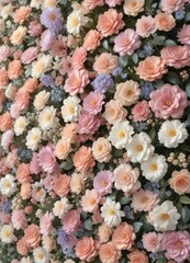 Fototapeta premium Flower wall with artificial flowers in pastel colors, artificial flowers, garden wall, floral arrangement