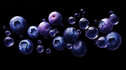 Floating blueberries, water droplets, black background, food photography, advertising