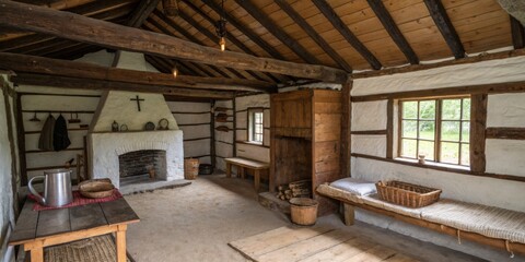 Fototapeta premium Rustic interior of a traditional cottage showcasing wooden beams and a cozy fireplace