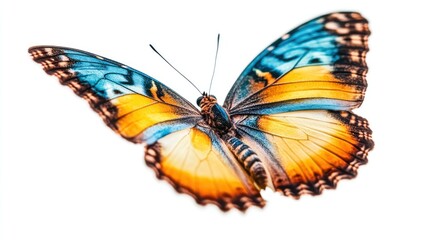 Blue-orange butterfly isolated on white background, vibrant wings, nature photography, design element