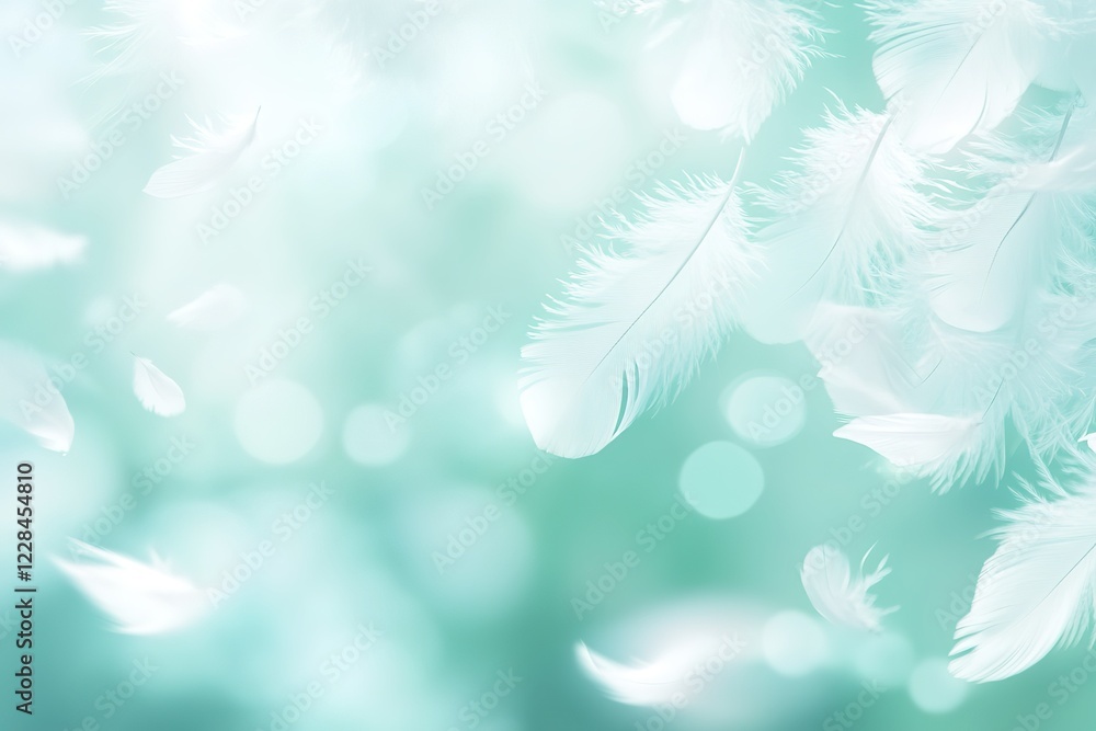 Poster white feathers float on a soft teal background