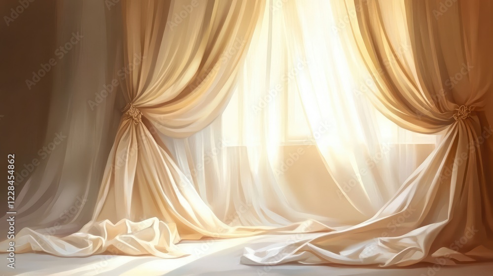 Poster beige curtains partially drawn, with soft light filtering through, creating a serene background with