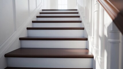 Sunlit wooden stairs, white walls, interior design, home decor, architectural detail