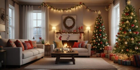 Cozy living room decorated for Christmas with colorful ornaments and garlands, living room, holiday cheer