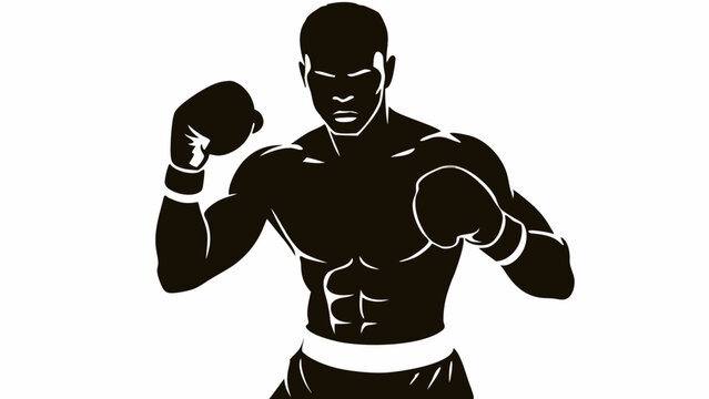 Muscular boxer in fighting stance showing intense determination, powerful silhouette design. Strong contrast emphasizes athletic form. Concept of: fitness gyms, boxing equipment, sports training