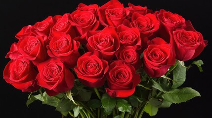 Obraz premium Bright red roses in full bloom against a solid black background, creating dramatic contrast with ample negative space, no people.