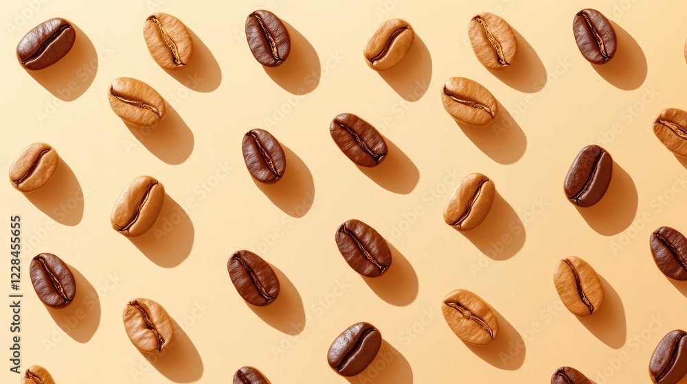 Poster coffee beans placed in a gradient pattern from light to dark roast on a neutral background.