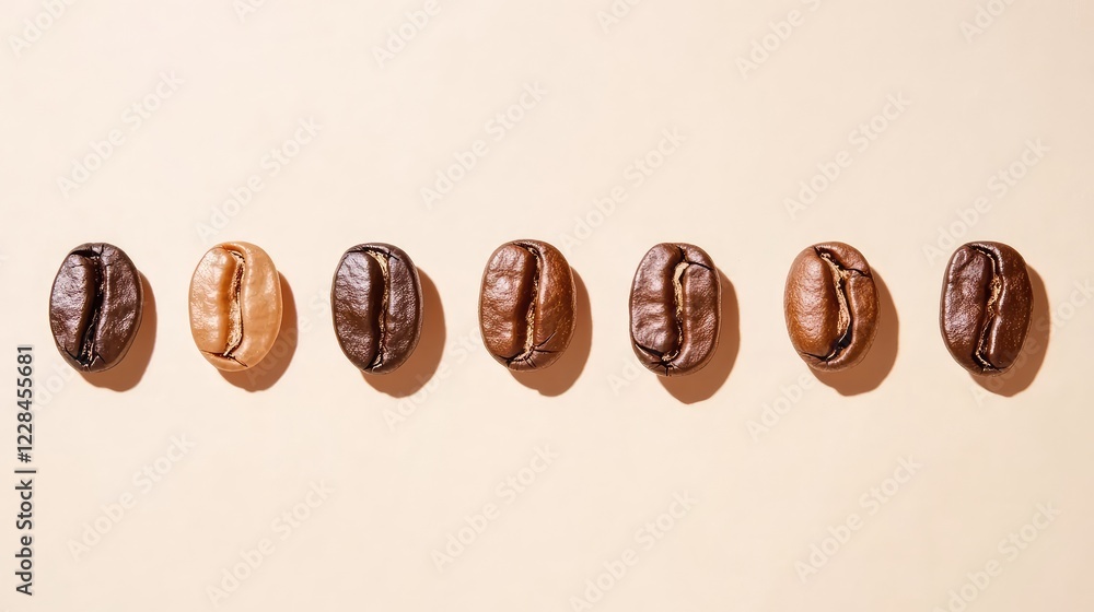 Aufkleber coffee beans placed in a gradient pattern from light to dark roast on a neutral background.