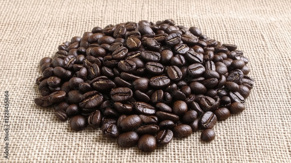 Poster coffee beans spread out in a circular pattern on a burlap fabric, providing rustic copy space.