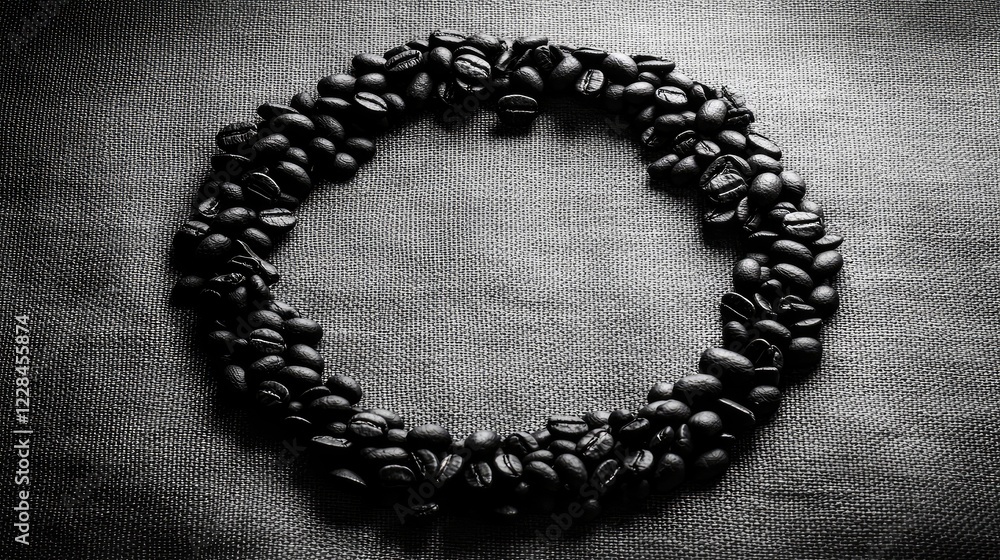 Poster coffee beans spread out in a circular pattern on a burlap fabric, providing rustic copy space.