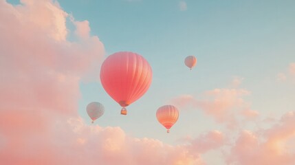 Fototapeta premium Pink hot air balloons soar amidst sunset clouds, travel adventure
