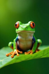 Naklejka premium Funny green frog on a leaf playing, nature, silly