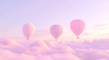 Obraz premium Pink hot air balloons soar above dreamy clouds at sunrise; travel poster