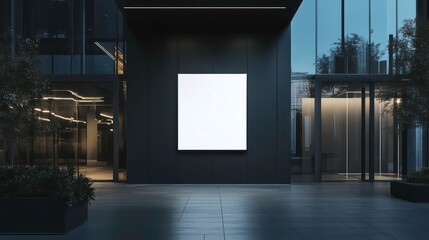 Rectangular white logo mockup on a sleek dark exterior wall with reflective glass windows, ideal for branding or signage design showcases.