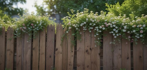 Gentle greenery and vines with tiny blooms on wooden fence, garden, abstract