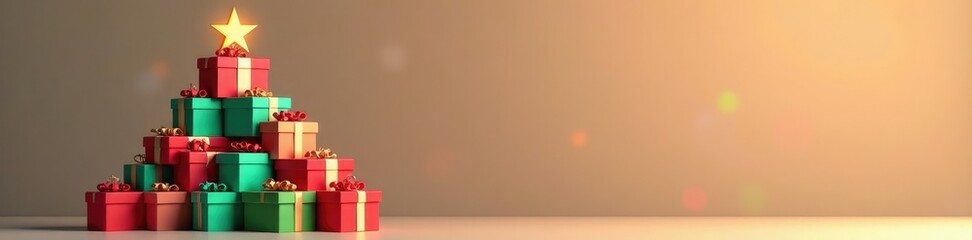 Obraz premium A colorful triangular shape made from stacked boxes forms the top of a Christmas tree, , gift packing