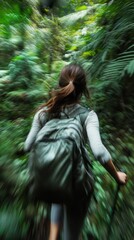 Naklejka premium Adventure Through Lush Green Foliage: A Motion Blur Hiking Photography