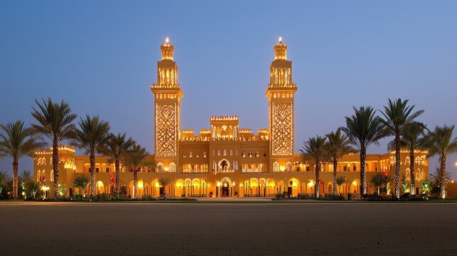 Illuminated grand palace at dusk, with palm trees.