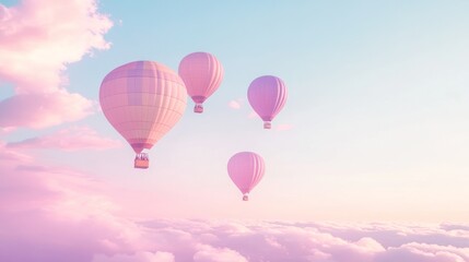 Fototapeta premium Pastel hot air balloons soar above dreamy cloudscape at sunrise; travel, tourism poster