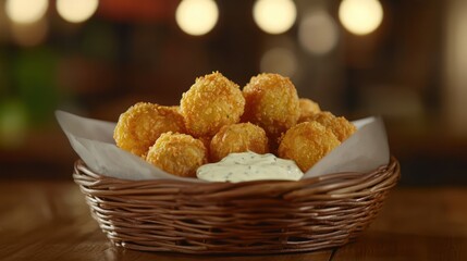 Crispy Fried Bites with Creamy Dip in Rustic Basket